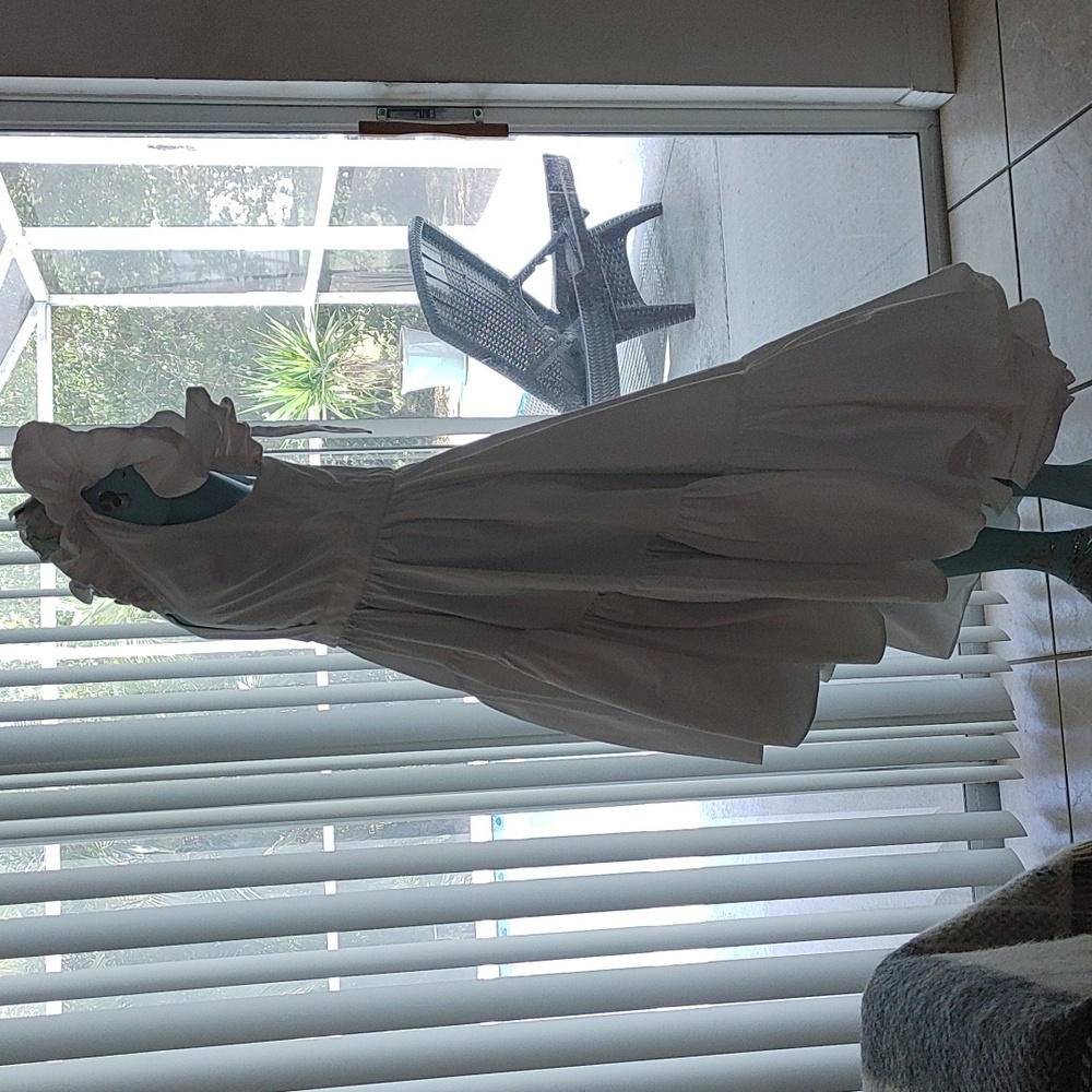 White Ruffled V‑Neck High‑Low Wedding Dress - Picture 8 of 13